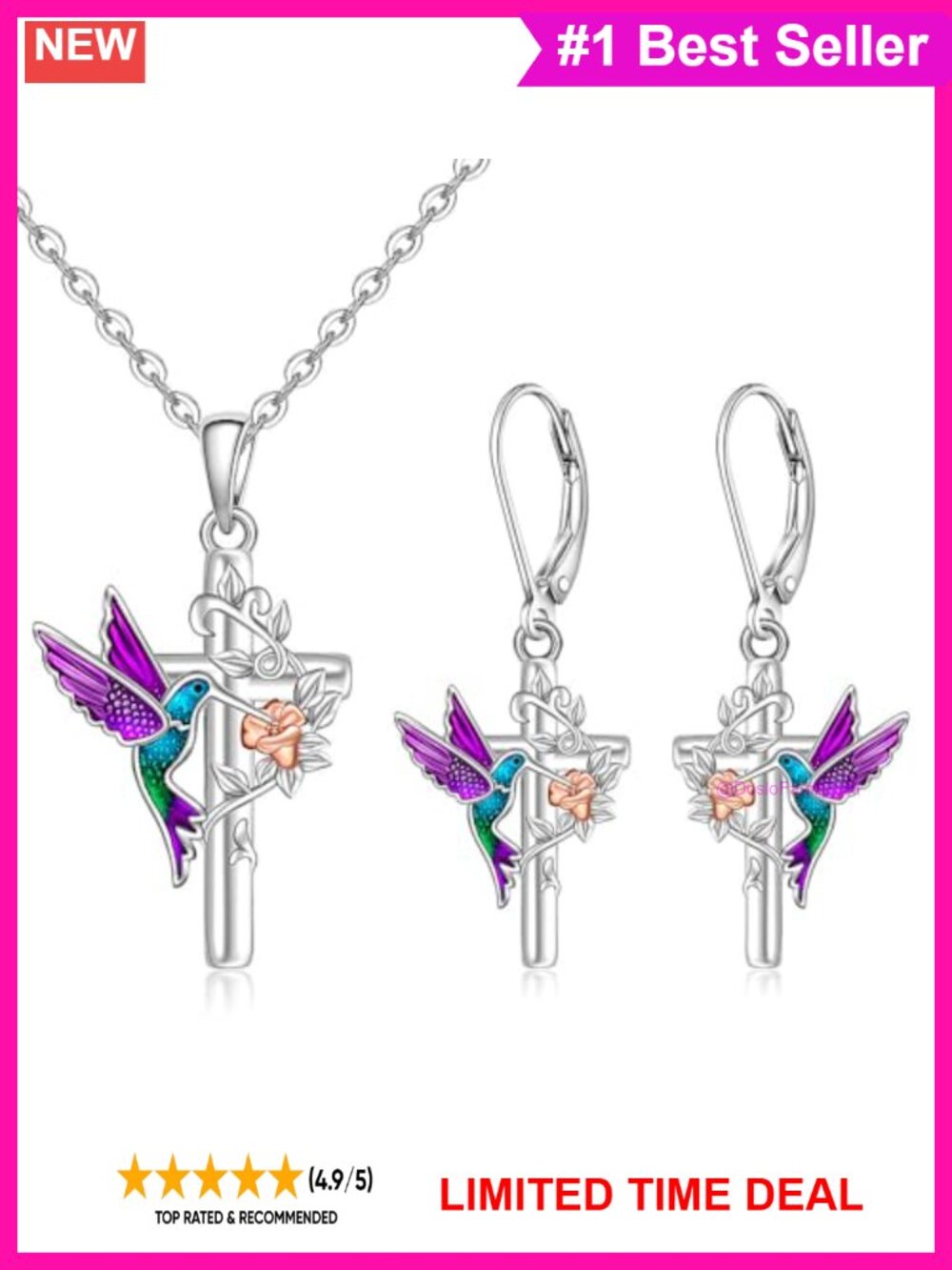 Sterling Silver Hummingbird Necklace Earrings Set Cross Pendant Women's Gift